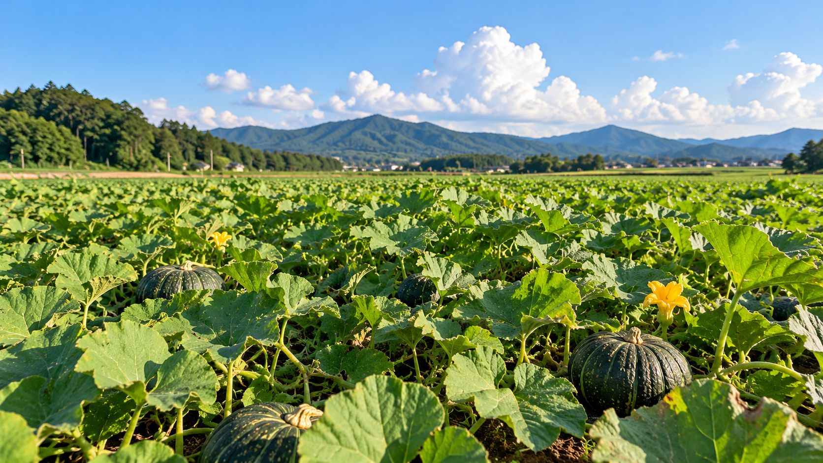 夏のかぼちゃ畑。大きな葉が一面に広がり、葉のあいだから実がのぞいている